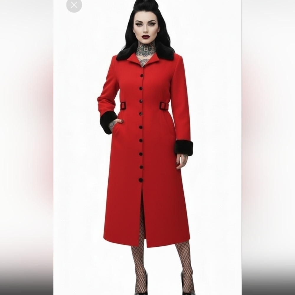 Vintage Red Black Wool Velvet Trench Coat Goth Size Small